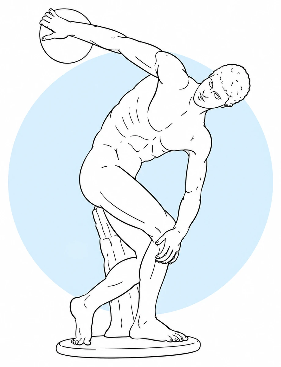 Line drawing of Myron's Discobolus, the discus thrower, poised at the top of the throw