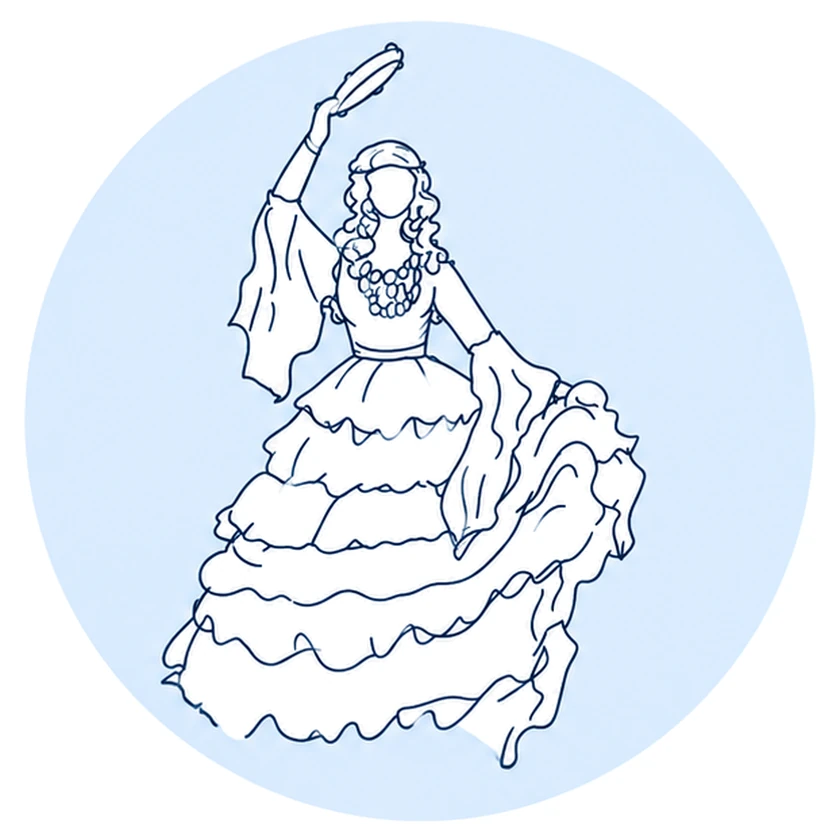 Line drawing of a dancer mid-movement inside a pale blue circle