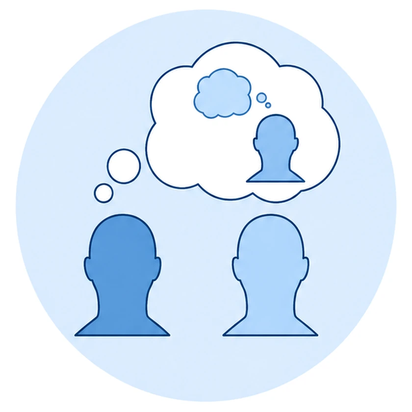 Line drawing of two figures and a thought bubble containing a third, inside a pale blue circle